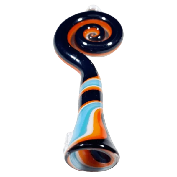 A decorative glass pipe with a curved shape and a swirled design in blue, orange, and white. Jem Glass.