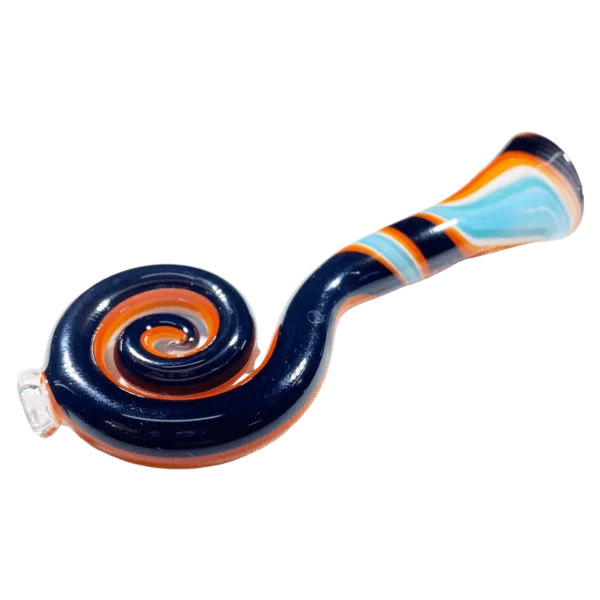 Unique clear glass pipe with blue and orange spiral design, small hole at end and intended for smoking, on white background.