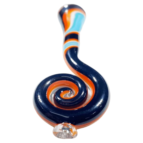 Elegant and modern glass dome with swirled blue, orange, and white design, mounted on a metal base and featuring a small crystal in the center suspended by a metal chain.