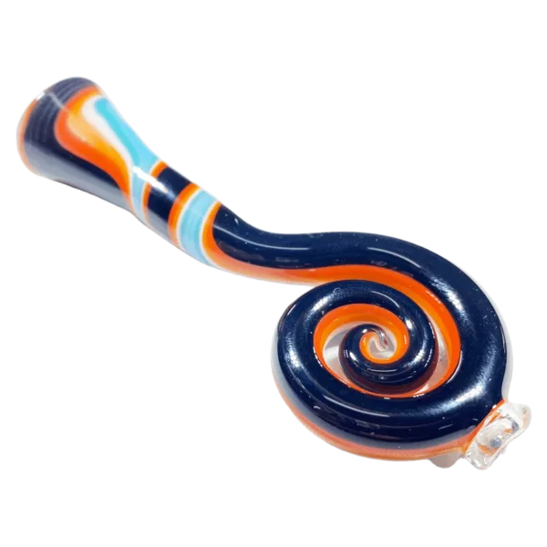 Glass pipe with spiral design in blue, orange, and white, featuring a small hole for smoking tobacco. It is sitting on a green surface.