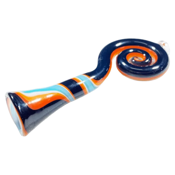 A blue and orange striped plastic horn with a spiral design on the front, standing upright on a white background.