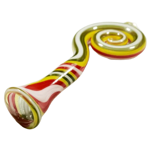 Spiral glass pipe with red, yellow, and green colors. Perfect for smoking, handmade by Jem Glass.