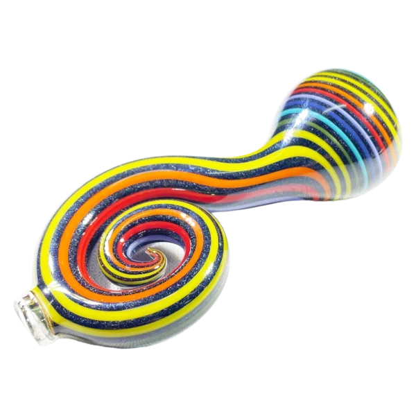 Multicolored glass pipe/bong with swirling rainbow design.