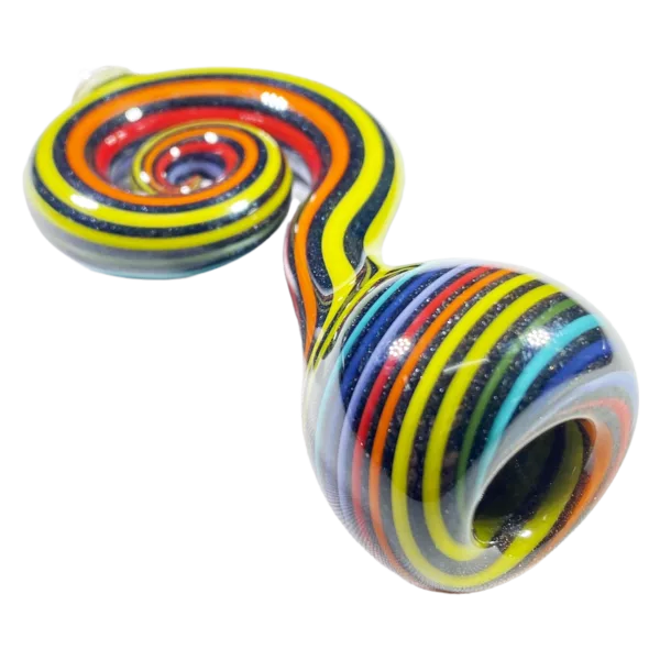 Rainbow Swirled Glass Pipe with long, curved shape and smooth surface. Jem Glass. Sitting on white background.