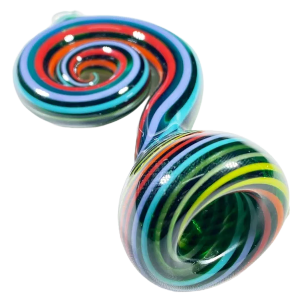 Jem Glass' Curly Bats glass pipe features a colorful spiral design on a clear pipe.