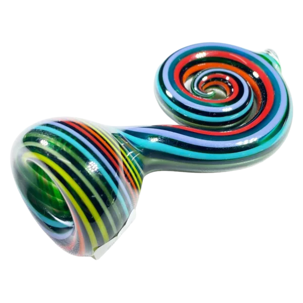 Multicolored glass pipe with a spiral design, round shape, and white background.