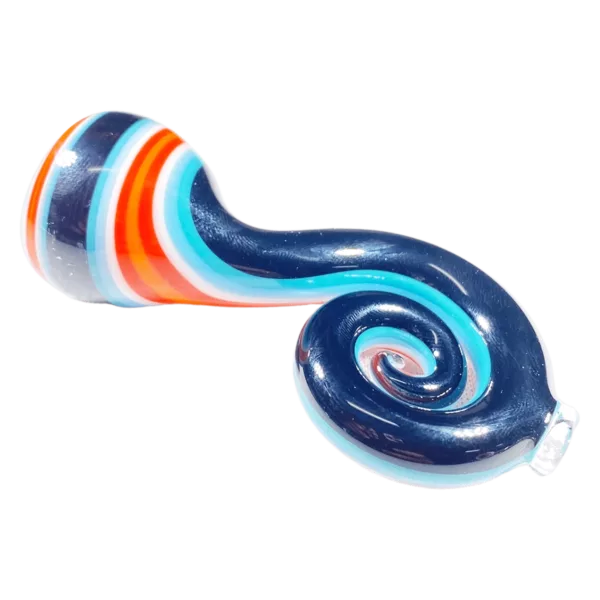 Swirled glass pipe with blue, orange, and white stripes, made by Jem Glass, shown on a white background.