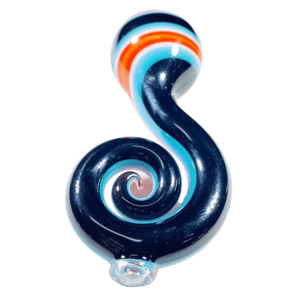 Round glass bead with swirled blue, orange, and white design on a white background.