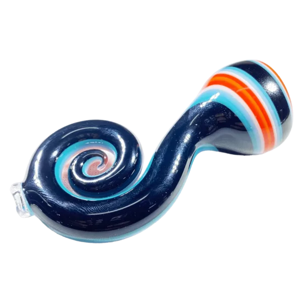 A glass pipe with a spiral design in shades of blue, orange, and white, featuring a small bowl and hole.