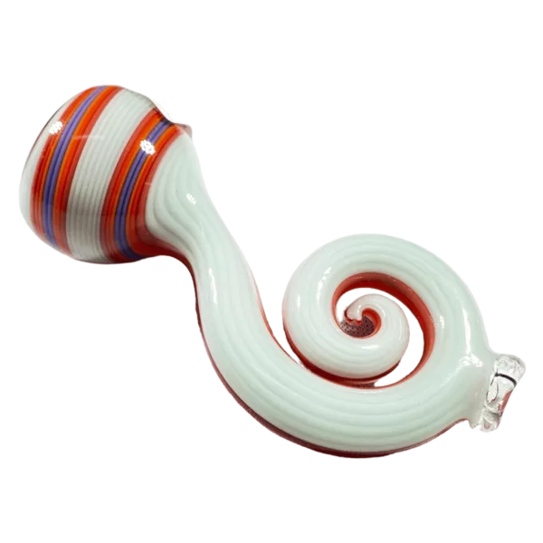 A curved glass pipe with a red, white, and blue striped design. The pipe is made of clear glass and has a small hole at the base. It is sitting on a green surface.