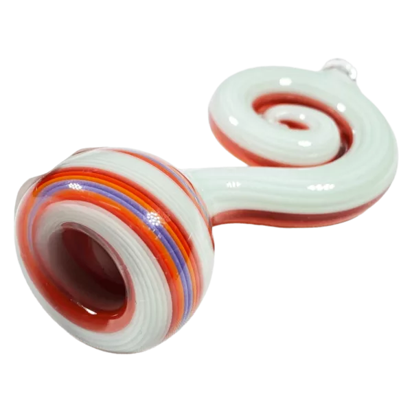 A spiral-shaped glass pipe with a red, white, and blue striped design, featuring a transparent bowl with a small hole at the center. It is sitting on a white background.