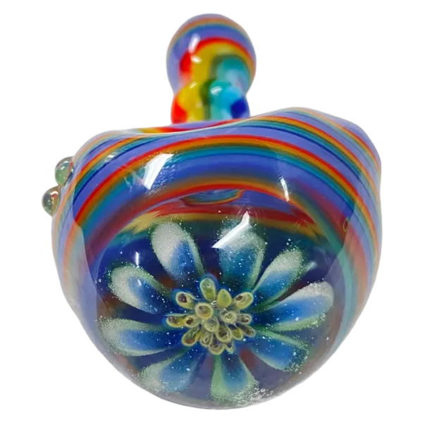 Colorful glass flower design with a clear base, perfect for decorative use as a vase or paperweight.