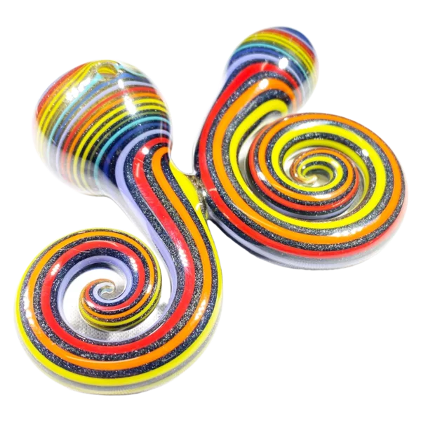 Colorful glass pipes with intricate swirl designs. Made of clear glass with a rainbow of colors. Unique and eye-catching. Sits on a white background.