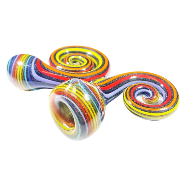 Multi-colored, swirled glass rolling pin with red, blue, green, and yellow hues, displayed on a white background.