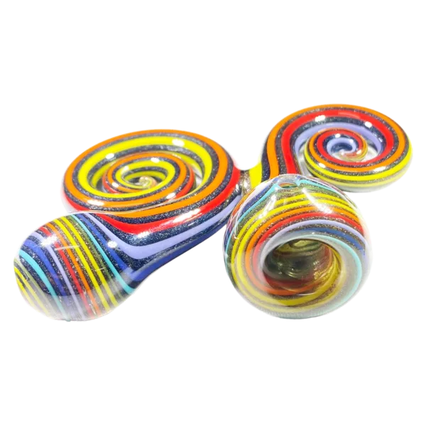 Two colorful glass pipes with swirled designs, sitting on white background. Made of clear glass, includes red, blue, green, and yellow colors.