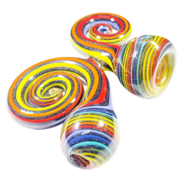 Two colorful glass dabbers with swirled designs, made for use with a dab rig.