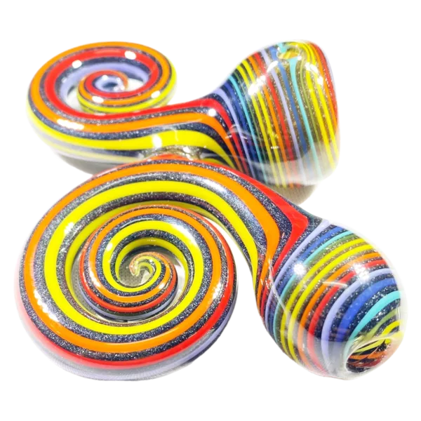 Colorful glass dishes with swirled patterns and rainbow hues.