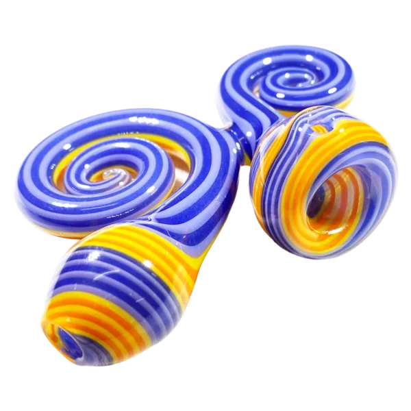Two glass pipes with blue and yellow swirls on a white background.