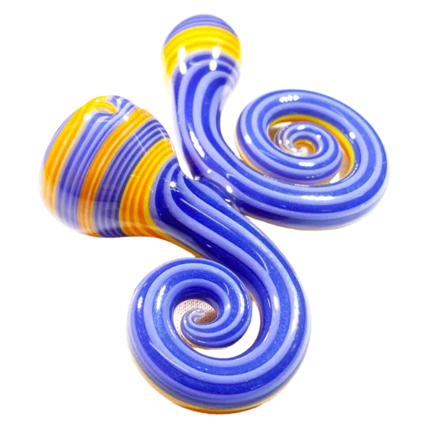 A pair of blue and yellow striped glass pipes with a spiral design on the sides, suitable for smoking.