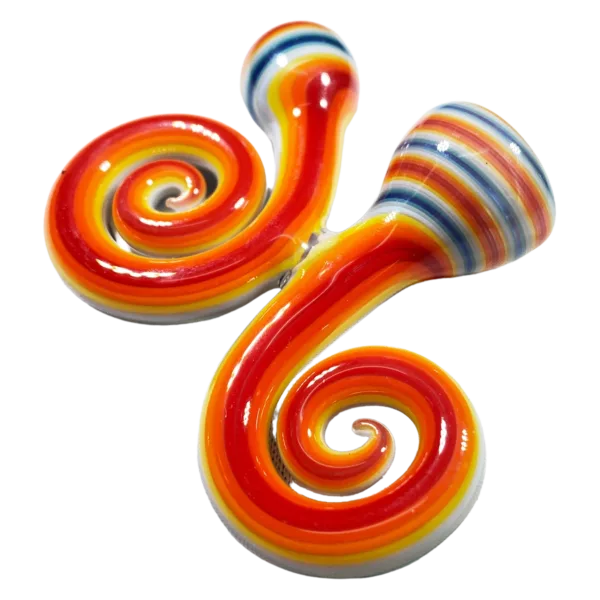 Colorful glass pipes with swirled designs, made of clear glass, sit on white background.