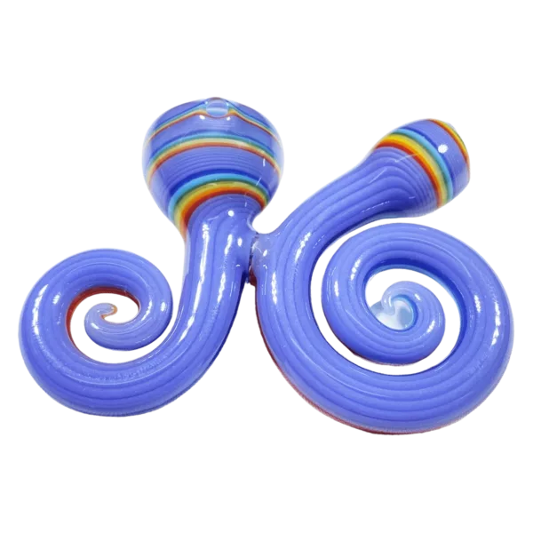 Blue glass pipe with a spiral design in colors blue, green, and purple, round base and tapered tip, sitting on a white background.