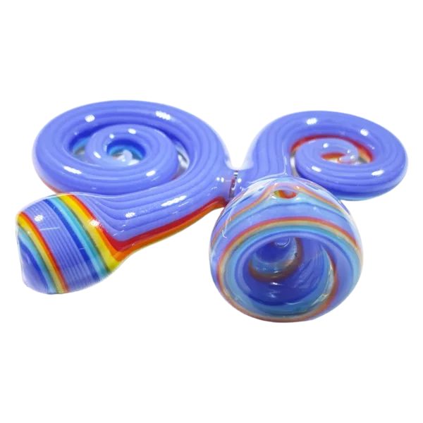 A rainbow swirl design adorns this clear glass pipe, which features a small bowl and hole. The Tiny Two Piece Curly Spoons by Jem Glass are shown on a white background.