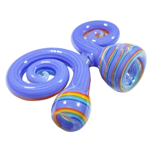 Blue glass pipe with rainbow design in swirling pattern. Made of glass and has a curved shape. Sits on white background.