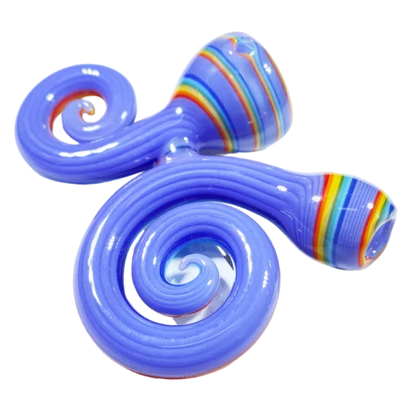 A blue glass pipe with a spiral design in different colors, sitting on a white surface.