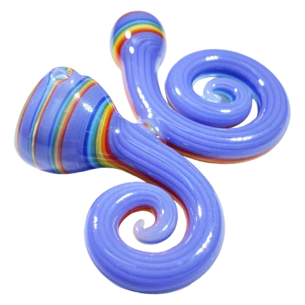 The Tiny Two Piece Curly Spoons by Jem Glass are clear glass pipes with colorful swirls and a rainbow pattern on them.