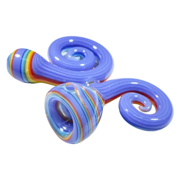 Pair of glass pipes with rainbow swirls on clear glass. Curly design.