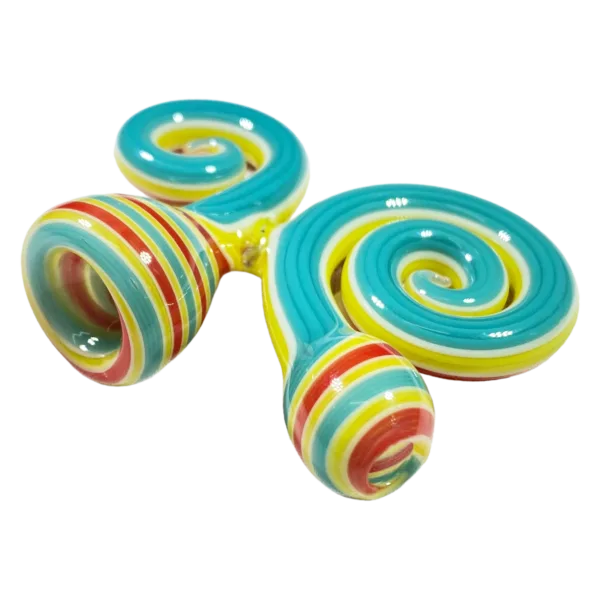 Jem Glass' Tiny Two Piece Curly Spoons feature colorful, swirled glasses with a rainbow pattern on the rims and curved metal frames.