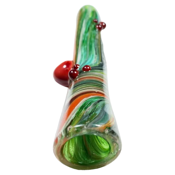Glass pipe with swirled green, red, and orange design and small red heart on end.