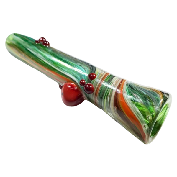 A colorful, swirled glass pipe with a small red berry on top, made of clear glass and featuring a small hole at the end.