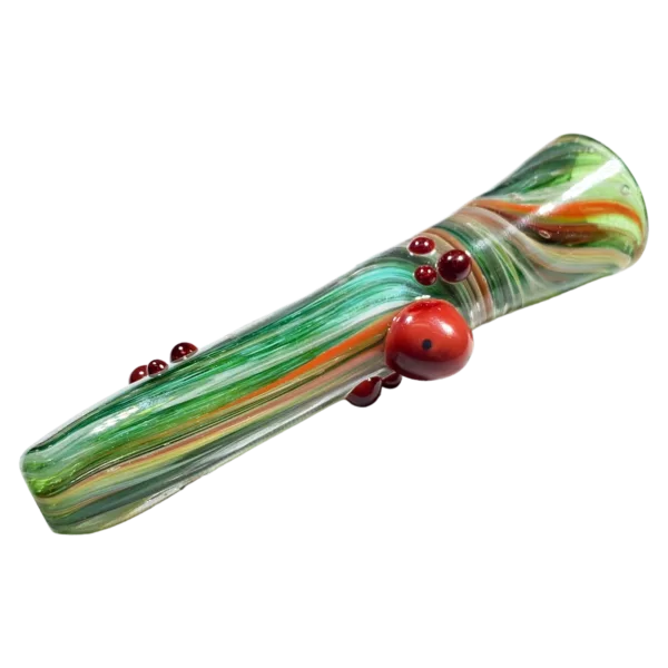 Swirled glass pipe with green, red, and yellow design and small red bead on end, made by Jem Glass.