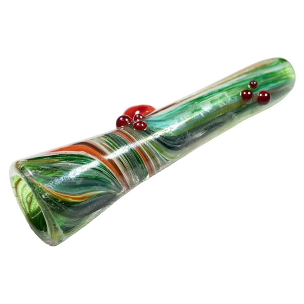 A long, green and red swirled glass pipe with a small red bead on the end, sitting on a white background.
