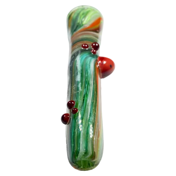 Swirled glass pipe with small red bead and decorative design. Not intended for smoking.