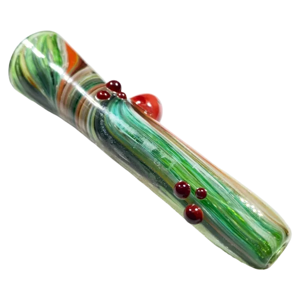 A vibrant, eye-catching glass pipe with a green and red marbled design and a small red berry on top, perfect for smoking and as a piece of art.