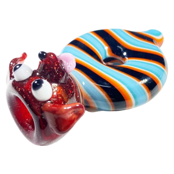 Glass doughnut with red, white, and blue stripes on outside, black and white stripes on inside, sits on white background.