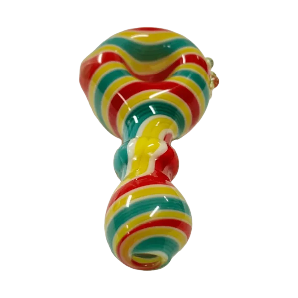 Colorful, swirled glass pipe with round base and long stem for smoking.