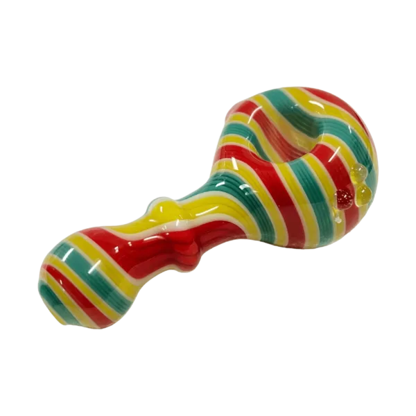 Colorful striped glass pipe with long curved neck and small round base. Translucent base and opaque neck. Green surface in image.