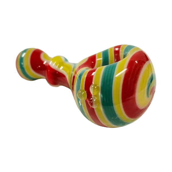 A colorful, striped glass pipe with a long, curved shape and small round base in red, yellow, green, and blue.