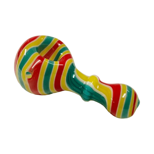 A colorful, striped glass pipe with a long, curved stem and small, round bowl for smoking.