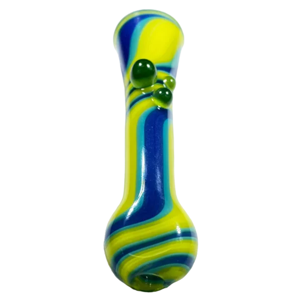 glass pipe with a blue and yellow swirled design, featuring a small and large hole at the top and bottom. It is displayed on a white background.