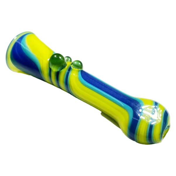 Stylish Jem Glass Large Lined Bat pipe with blue and yellow swirls and bright green drop. Curved shape and clear glass.