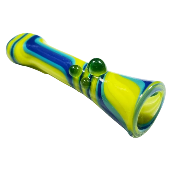 Blue and yellow swirled glass pipe with small bubble on end, sitting on black background.