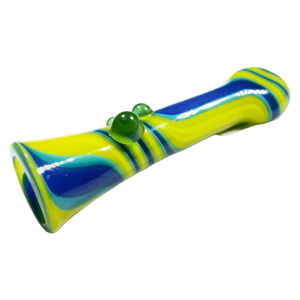 Stunning blue and yellow swirled glass pipe with a small green droplet on the end. Curved shape and clear glass. Perfect for any pipe lover.