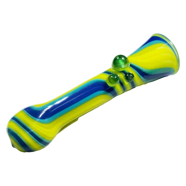 A unique, large lined glass pipe in blue and yellow stripes with a small green and blue bubble on the end. Perfect for any smoker's collection.