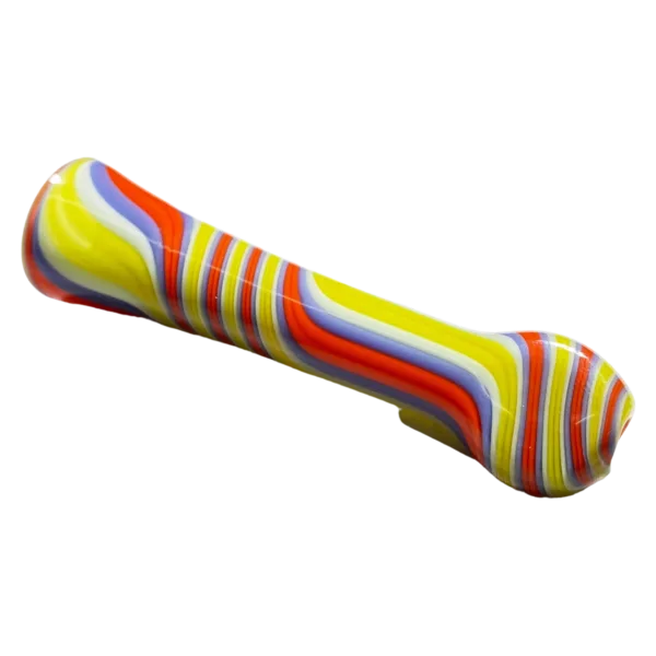 Large, colorful striped glass pipe with yellow, red, and blue design. White stripe down center. Smooth, glossy surface. Featured on smoking company website.