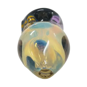 Clear glass pipe with yellow, blue, and purple swirl design etched into it. Small, round base and mouthpiece. Well made and of good quality.