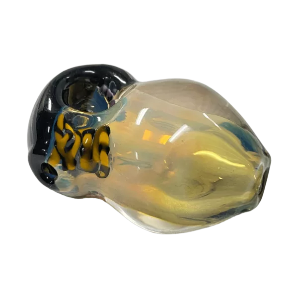 Round glass bead with yellow and black design, suitable for jewelry or crafts. Clear, well-lit image.